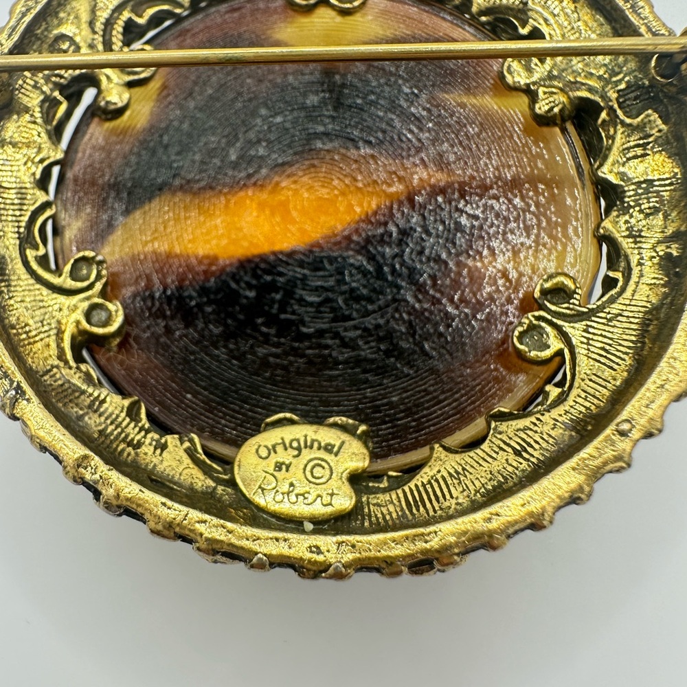 Original by Robert Gold tone massive Amber brown glass cabochon brooch pendant - Picture 8 of 9